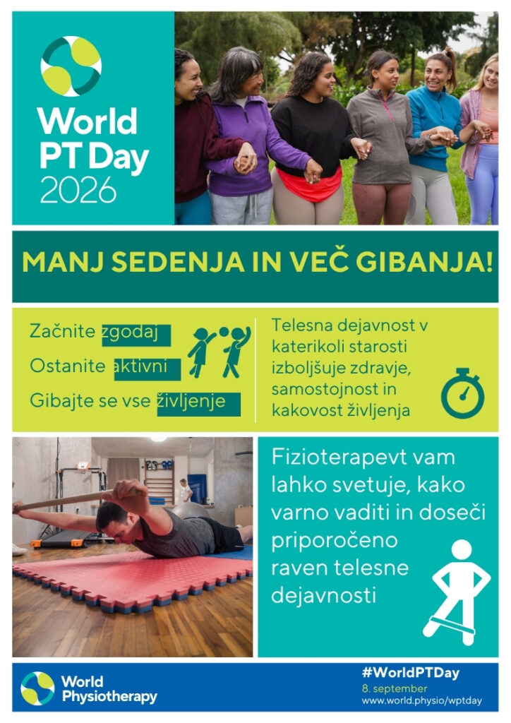 plakat za svetovni dan fizioterapije, manj sedenja in več gibanja